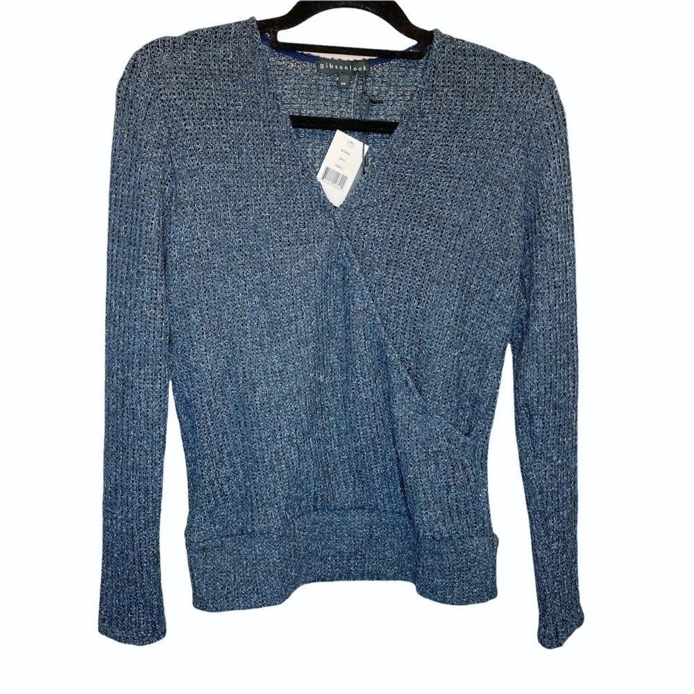 Gibson Look V-Neck Crossover Faux Wrap Surplice Top Marled Navy XS NWT NEW